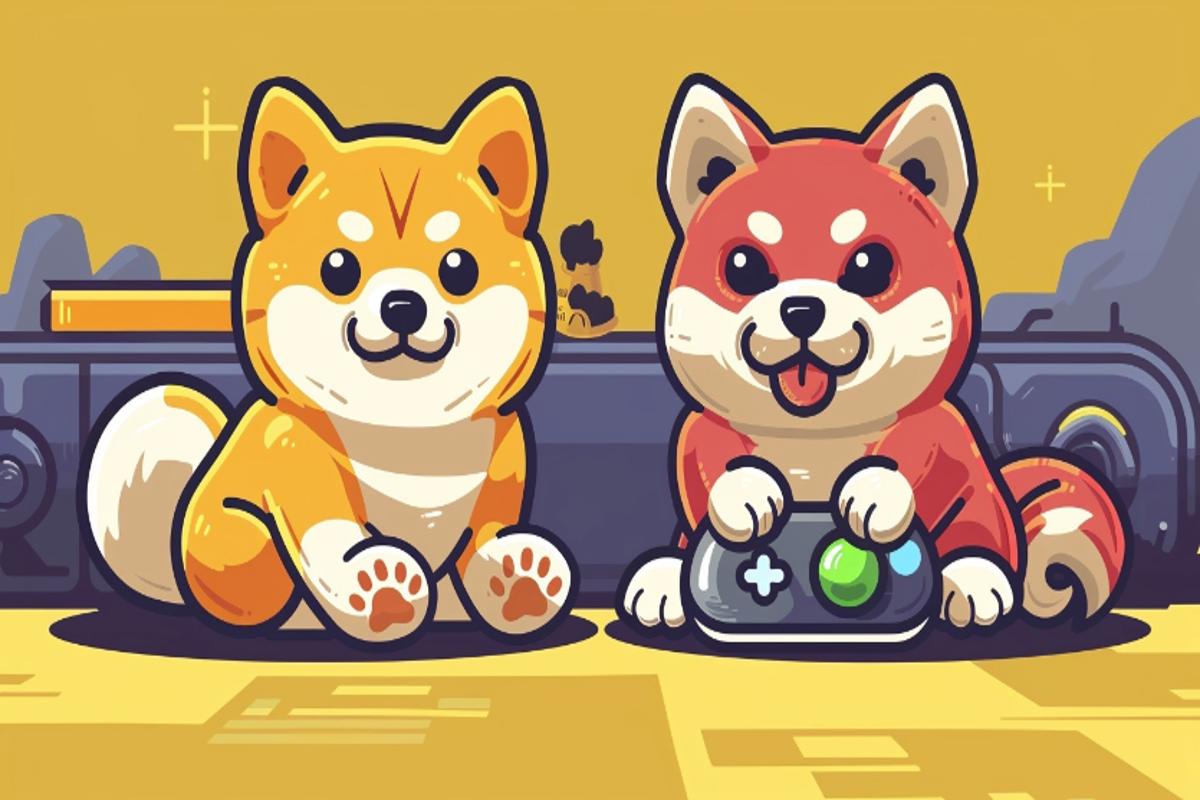 Two Shiba Inu dogs playing video games