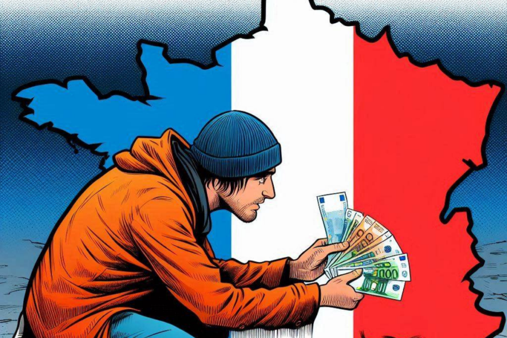 Man holding euro banknotes and map of France