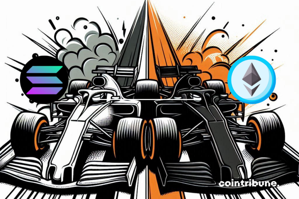 Course de rallyers F1 avec logos Solana et Ethereum