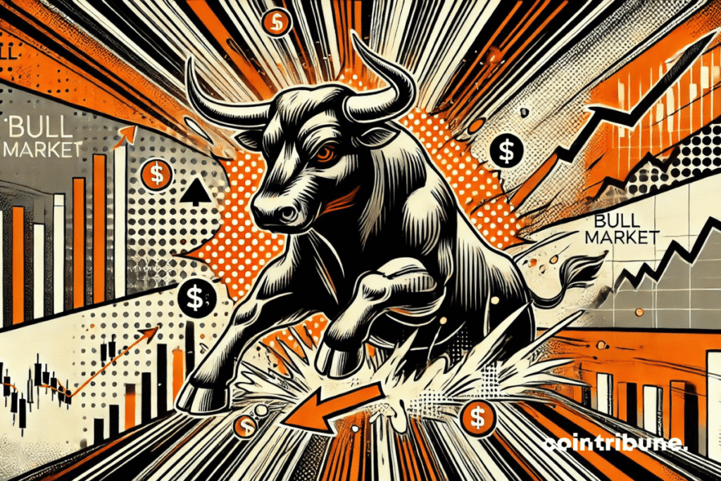 illustration en style bande dessinée pour représenter un "Bull Market", avec un taureau imposant entouré de symboles financiers, comme des graphiques et des flèches montantes.