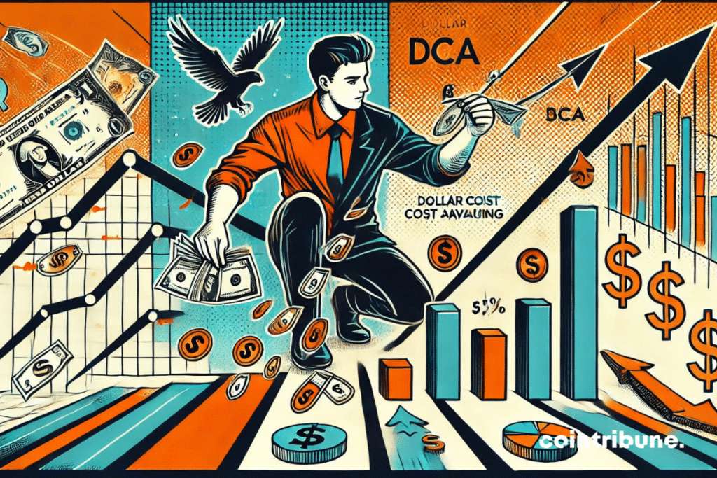 illustration en style bande dessinée dans les tons orange, noir et blanc, pour symboliser le Dollar Cost Averaging (DCA)