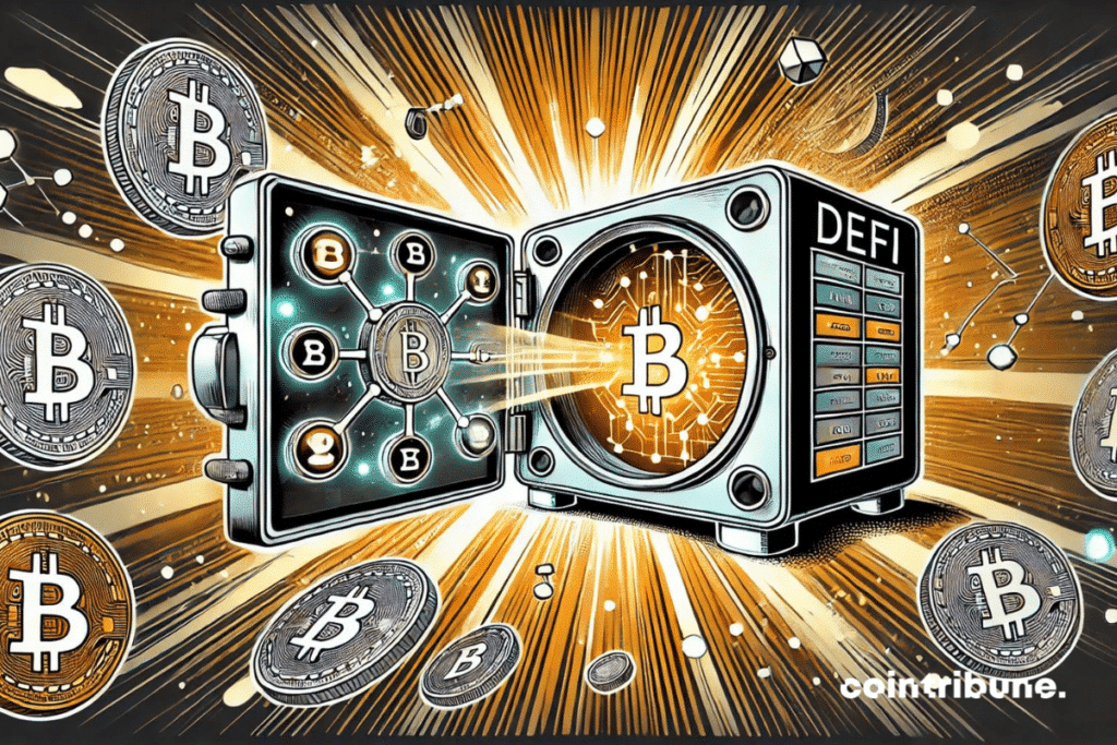 illustration de style bande dessinée pour la finance décentralisée (DeFi), avec une structure futuriste ressemblant à un coffre fort s'ouvrant sur un réseau numérique. Les éléments flottants comme les pièces et les nœuds représentent la décentralisation