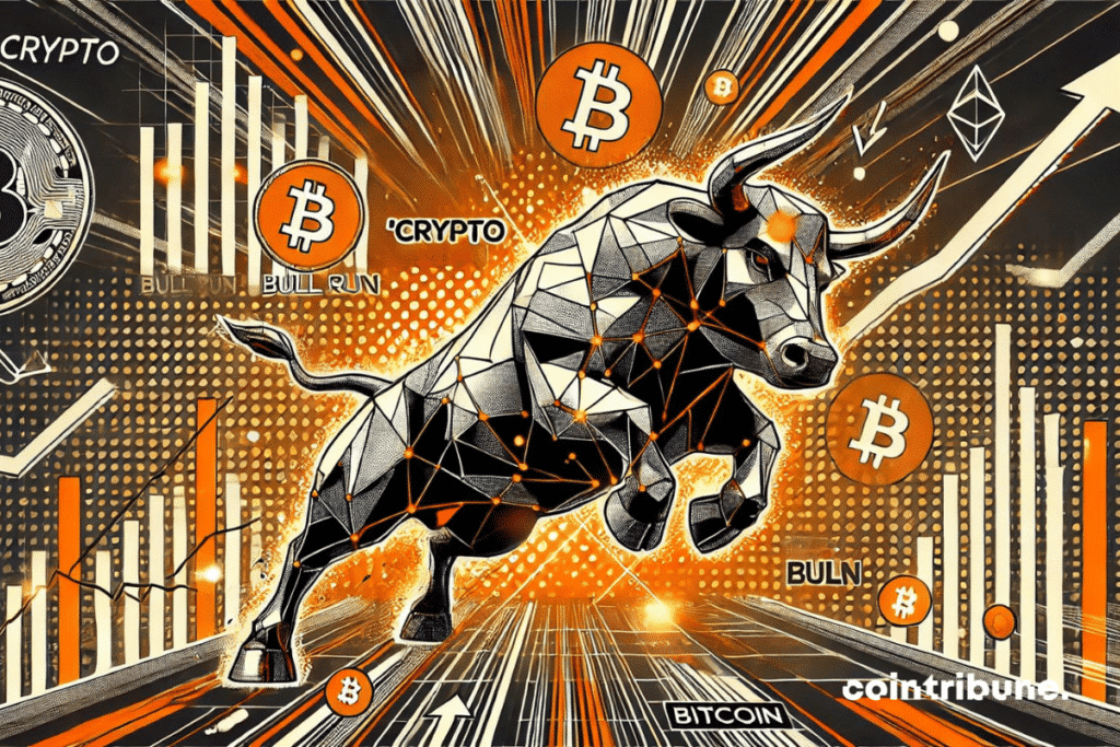 illustration en style bande dessinée pour un article sur le Bull Run. L'image montre un taureau numérique puissant, entouré de symboles cryptographiques et de graphiques montants, symbolisant la croissance rapide du marché