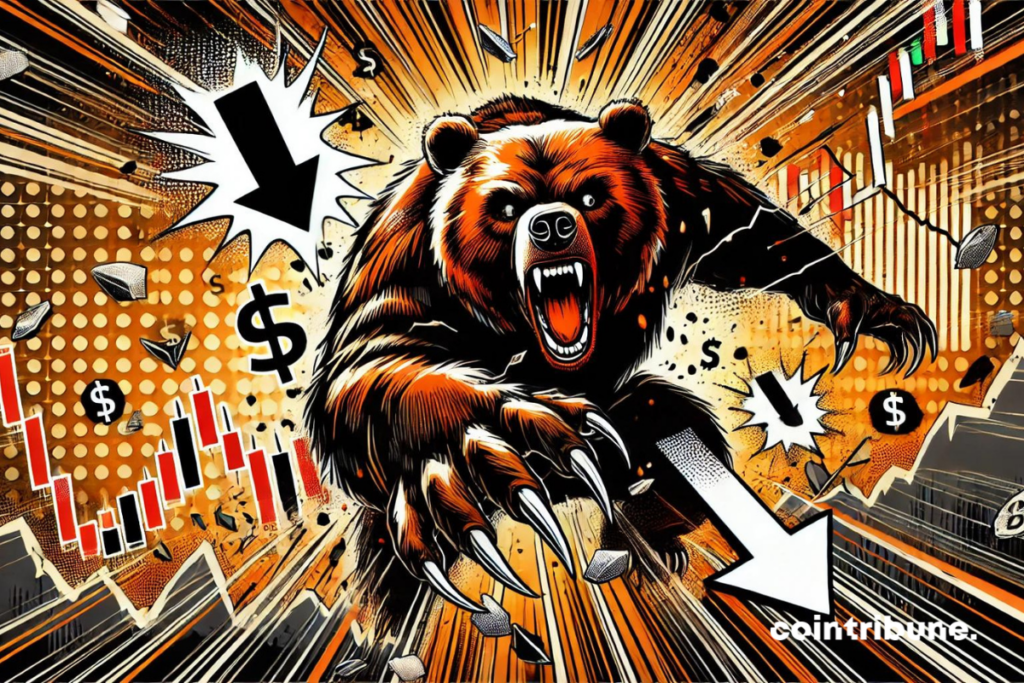 illustration dans le style bande dessinée pour un "bear market". L'image met en scène un ours déchirant des graphiques de marché qui s'effondrent, avec des flèches pointant vers le bas et un effet de chaos accentué par les lignes dynamiques