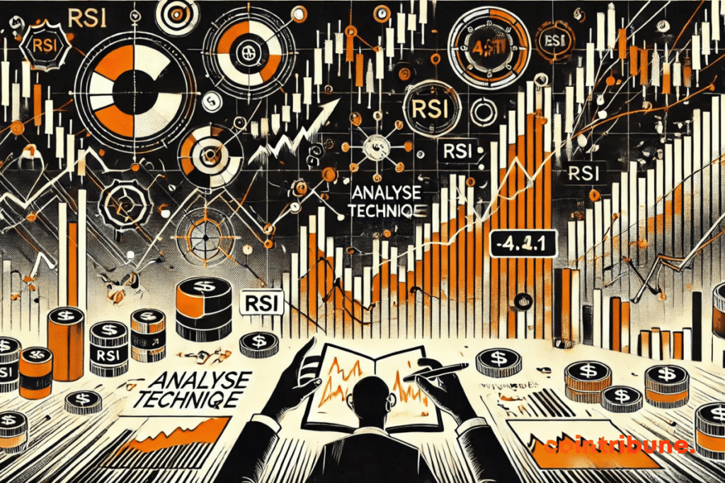 illustration en style bande dessinée pour représenter l'analyse technique (AT), avec des graphiques boursiers dynamiques et un personnage analysant des données financières.