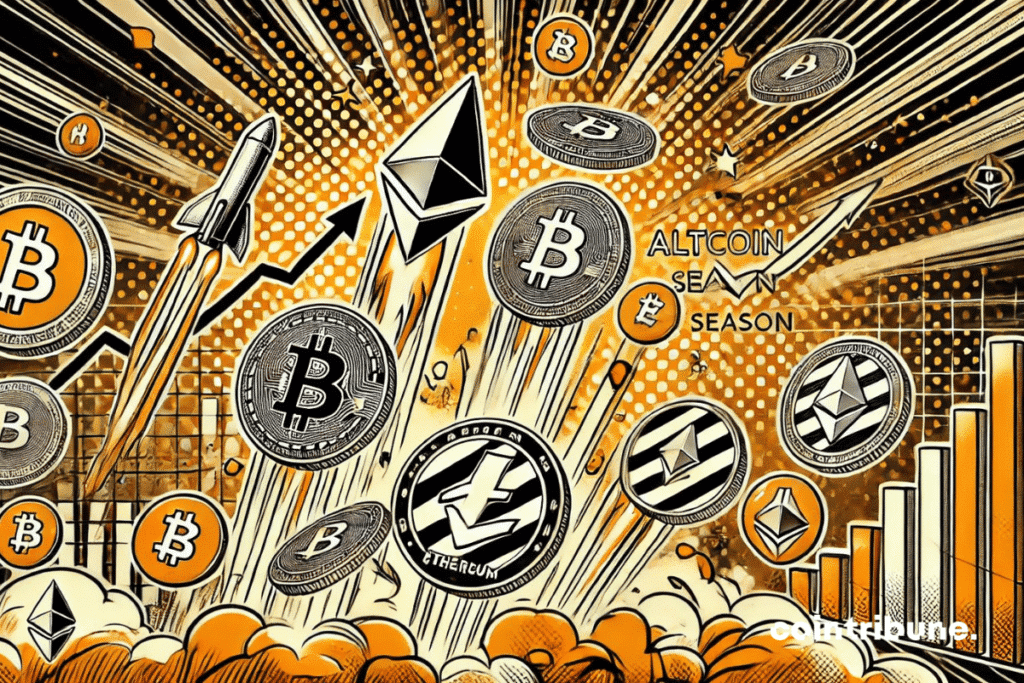 illustration en style bande dessinée pour représenter l'Altcoin Season, avec des altcoins comme Ethereum, Litecoin et Ripple montant en flèche. Les graphiques en arrière-plan montrent une forte croissance, tandis que les lignes de mouvement et éclats d'énergie ajoutent un effet dynamique