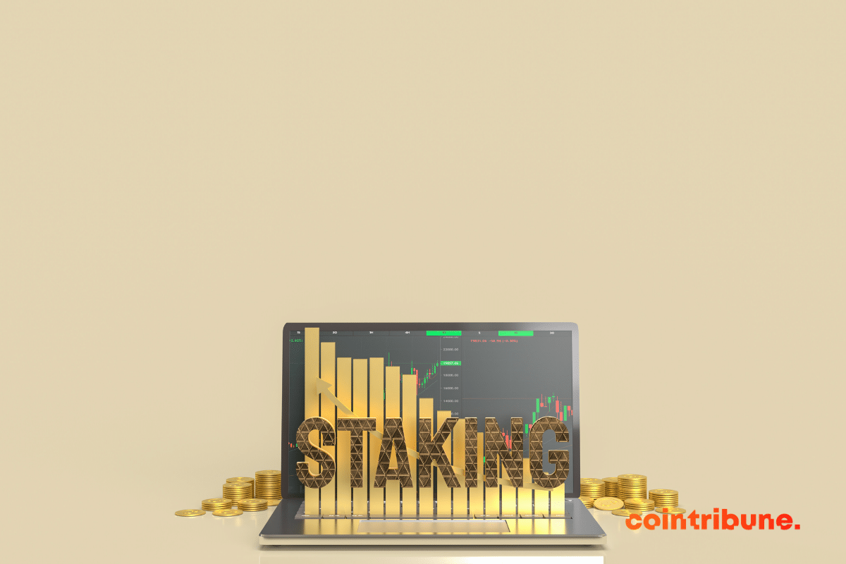Staking logo with a computer and physical cryptocurrency coins in the background