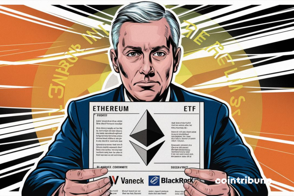 Gary Gensler with a graphic representation of an Ethereum ETF (Source: Ariela via Ideogram)