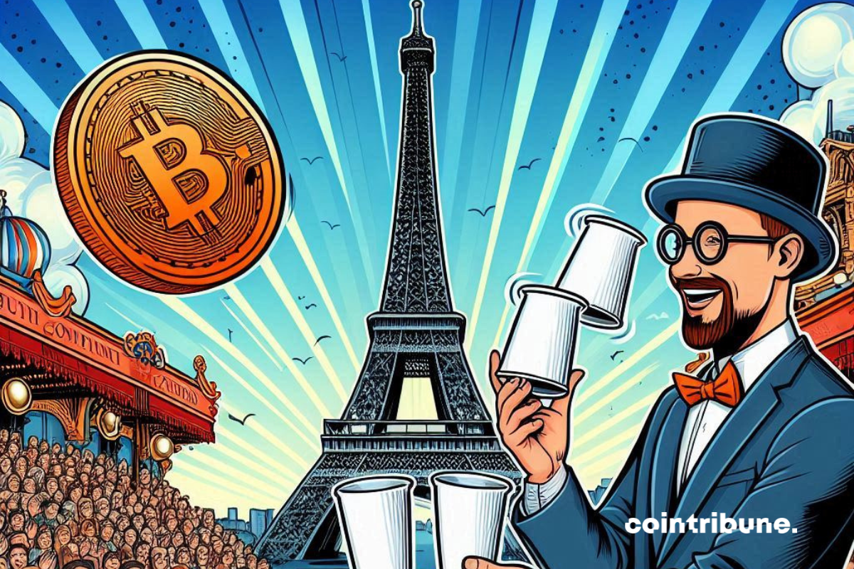 Comédien, tour Eiffel et pièce de bitcoin