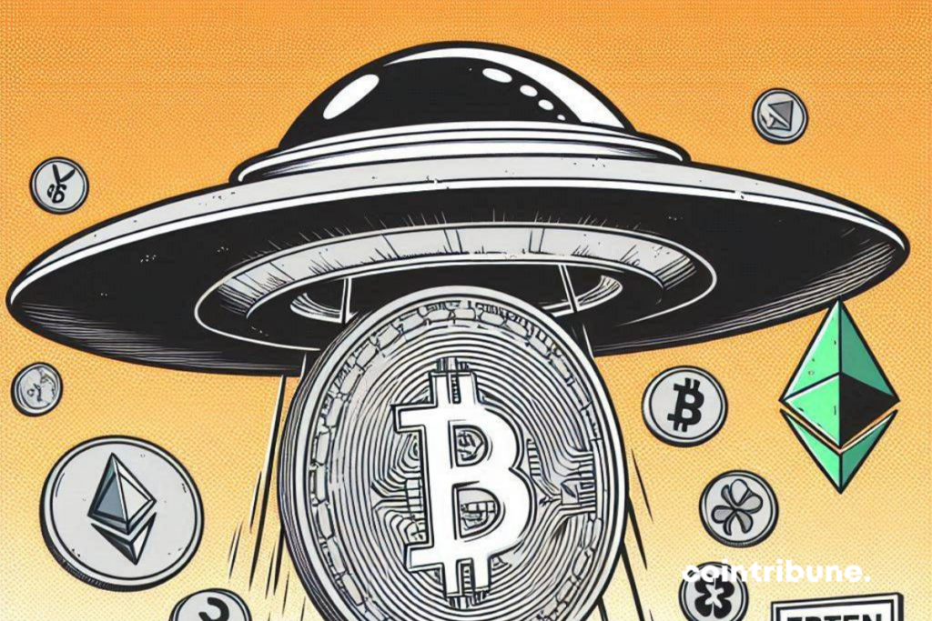 Soucoupe volante, pièce de bitcoin et autres cryptos