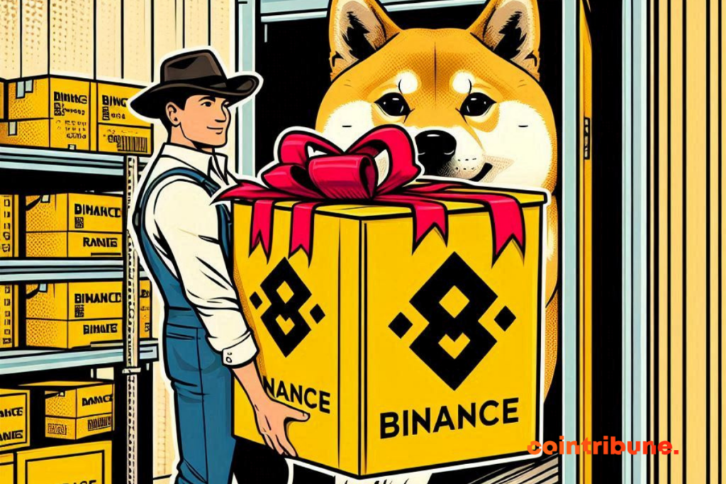 Paquet de cadeau avec logo de Binance et chien Shiba Inu