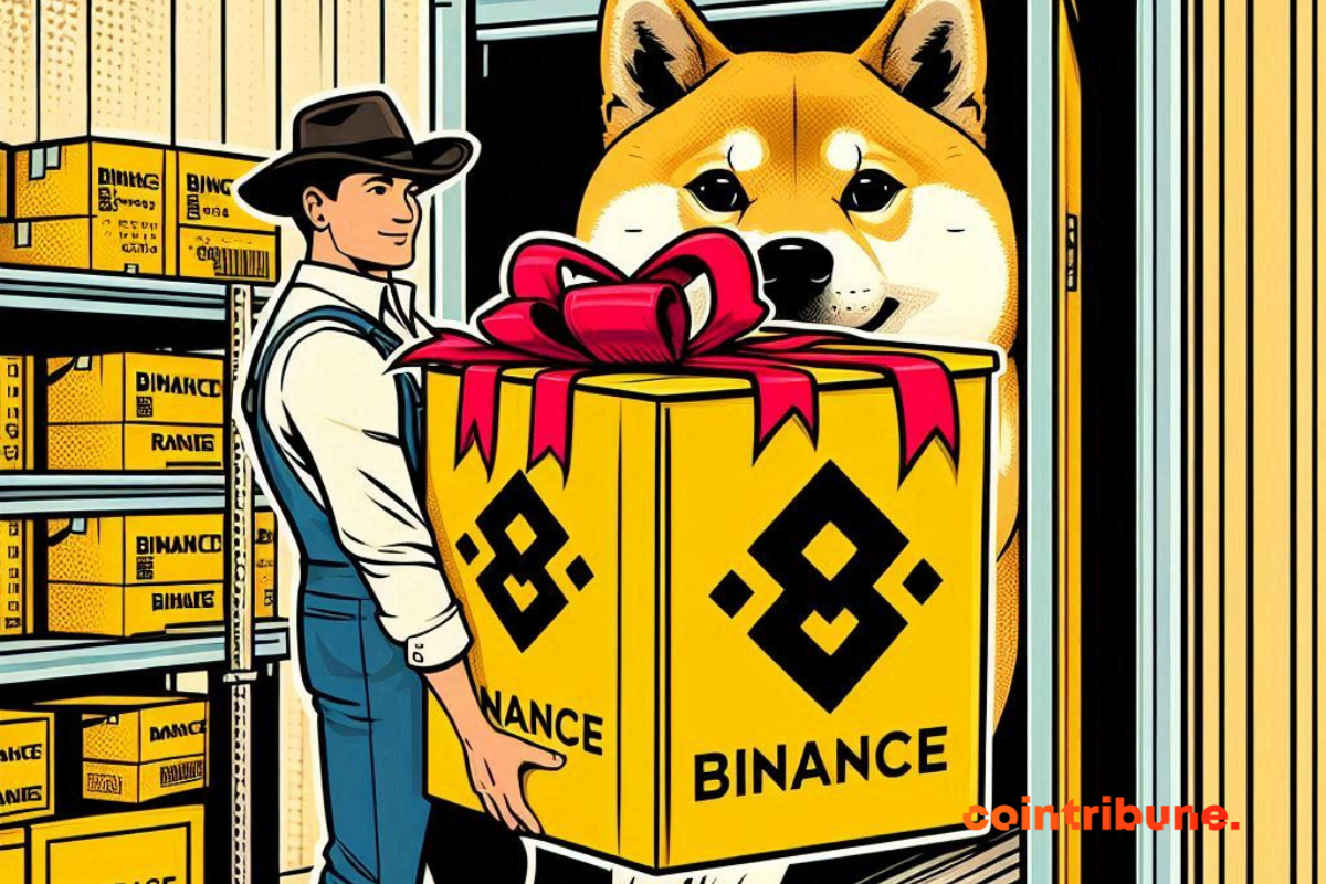 Paquet de cadeau avec logo de Binance et chien Shiba Inu