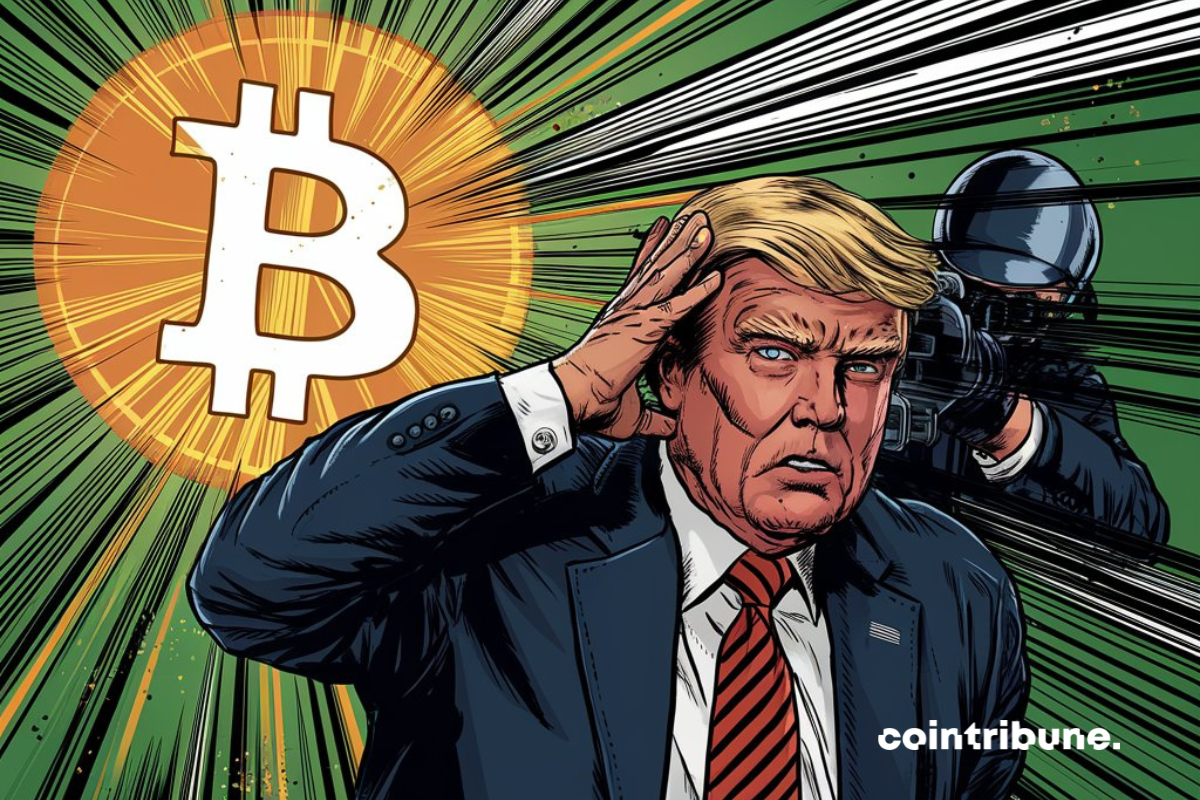 Donald Trump, tireur et logo bitcoin