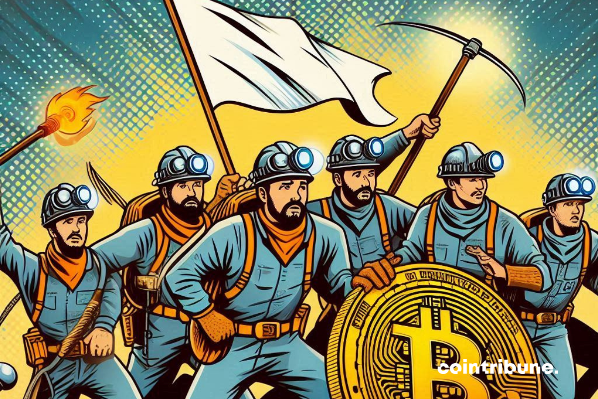 Mineurs, drapeau blanc et pièce de bitcoin