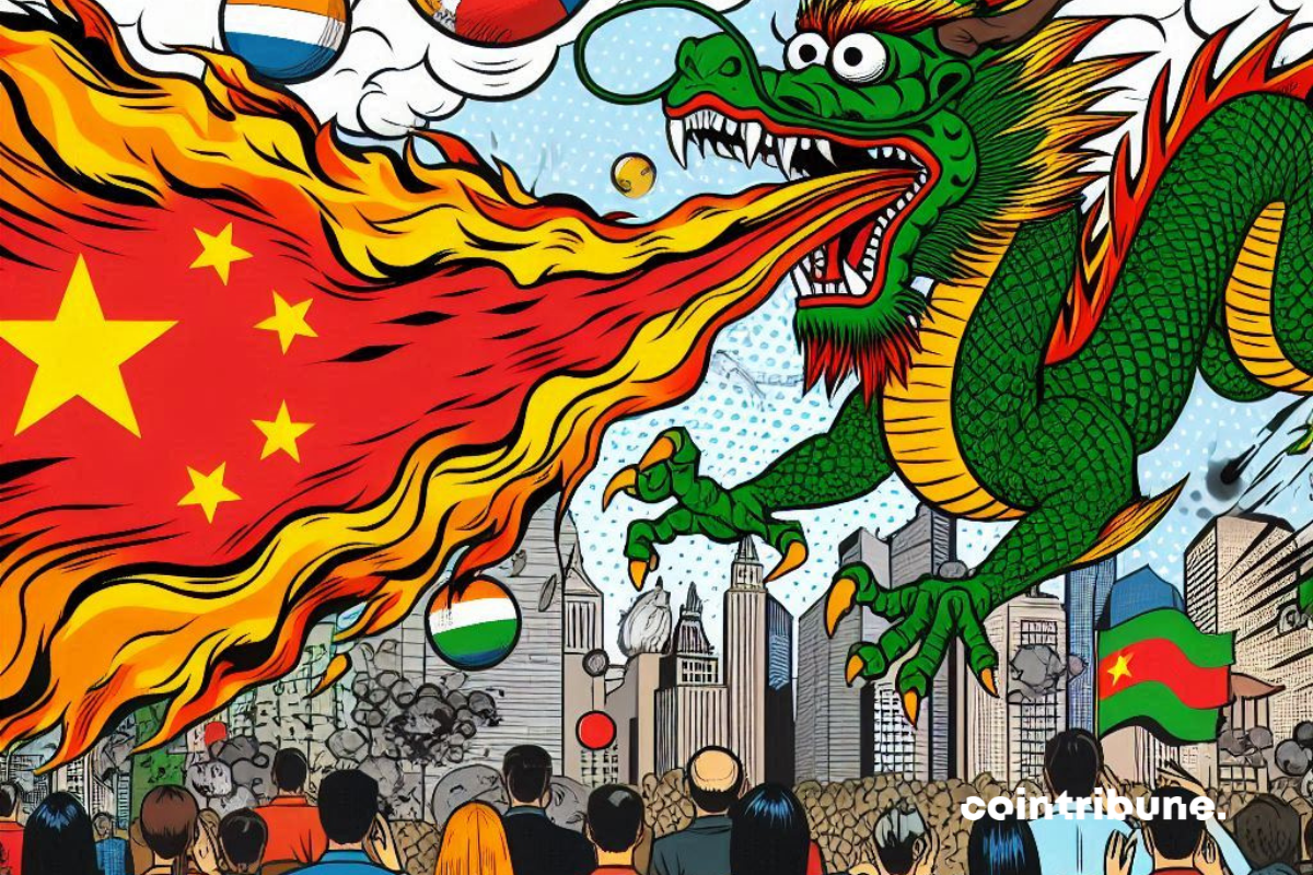 Dragon, drapeau chinois et gens