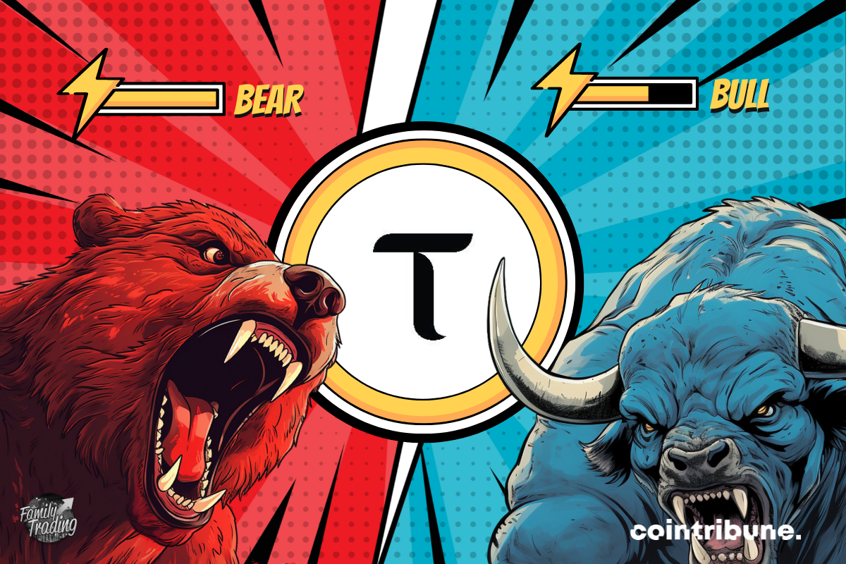 Logo TAO fond rouge et bleu avec de parts et d’autres un ours rouge et un taureau bleu enragés. En haut de chacun, on peut voir la barre de pouvoir de chacun.