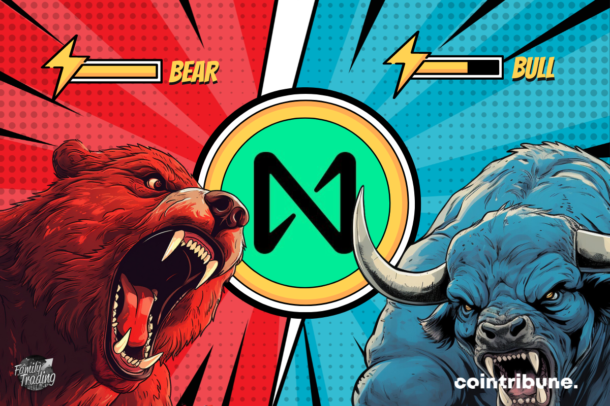 Logo Near fond rouge et bleu avec de parts et d’autres un ours rouge et un taureau bleu enragés. En haut de chacun, on peut voir la barre de pouvoir de chacun.