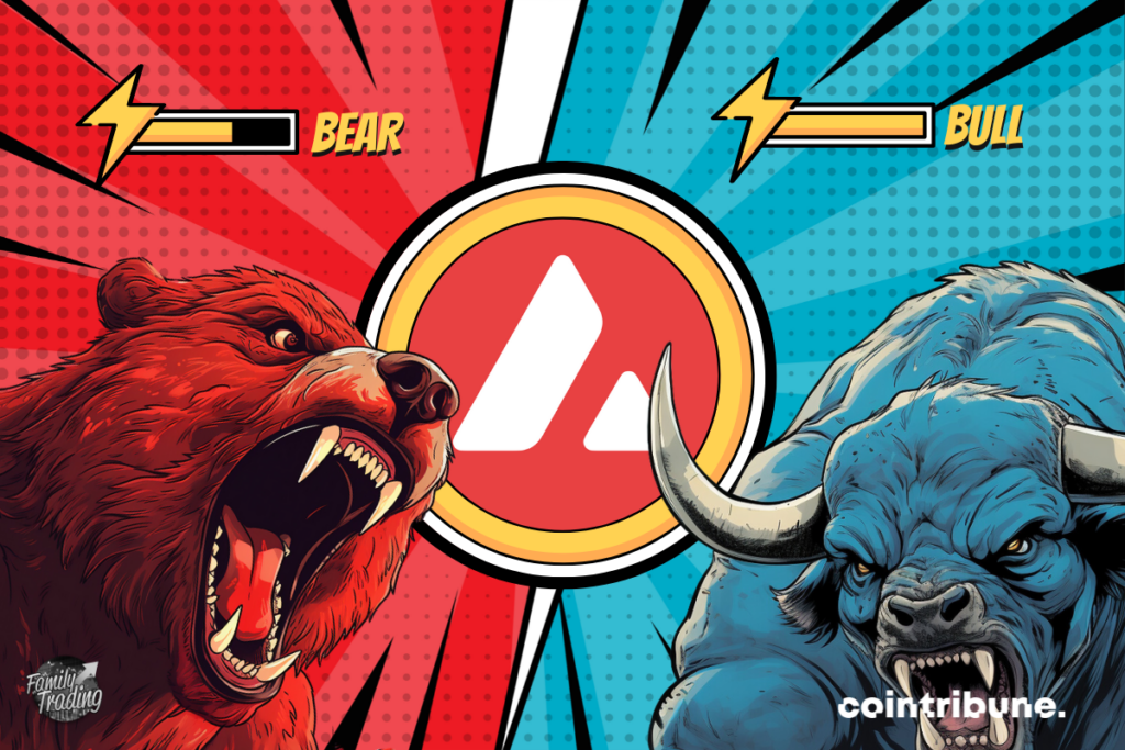 Logo Avaxe fond rouge et bleu avec de parts et d’autres un ours rouge et un taureau bleu enragés. En haut de chacun, on peut voir la barre de pouvoir de chacun.