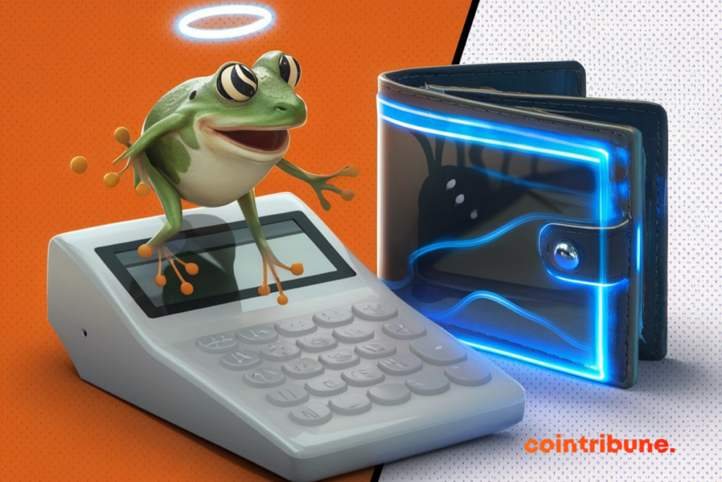 Grenouille sautillant sur une machine à calculer, portefeuille à LED