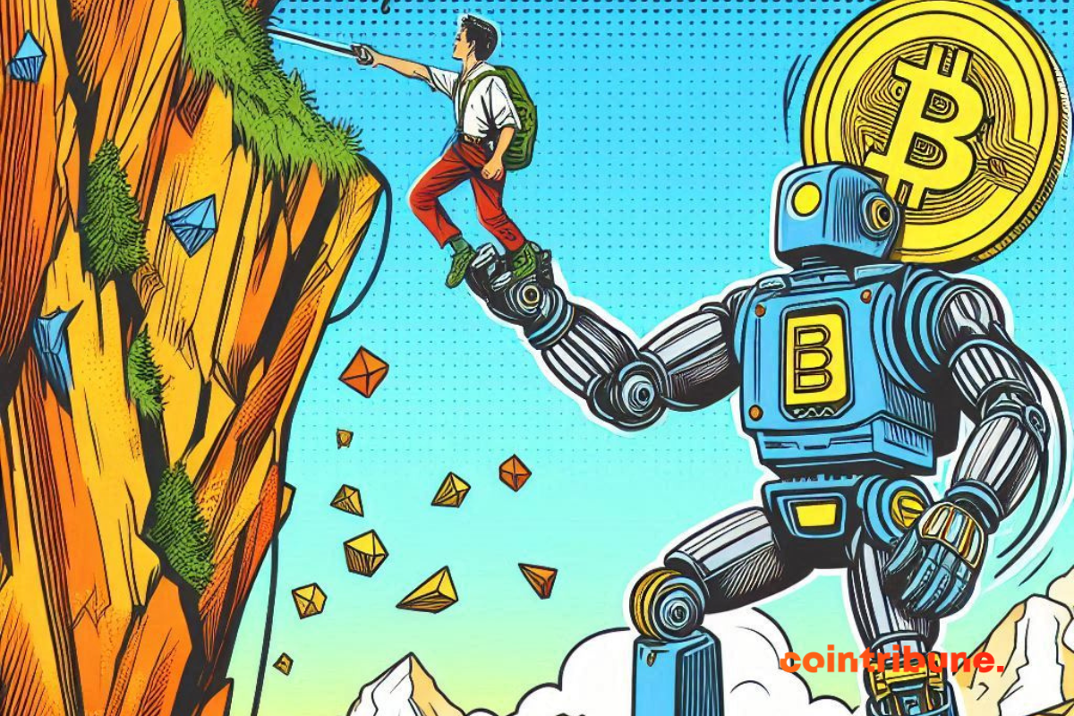 Mineur soutenu par un robot, pièce de bitcoin