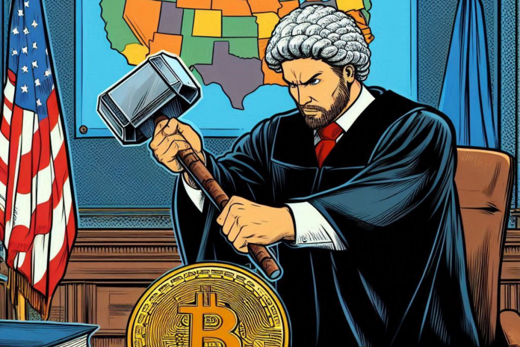 Judge hitting bitcoin coin with gavel