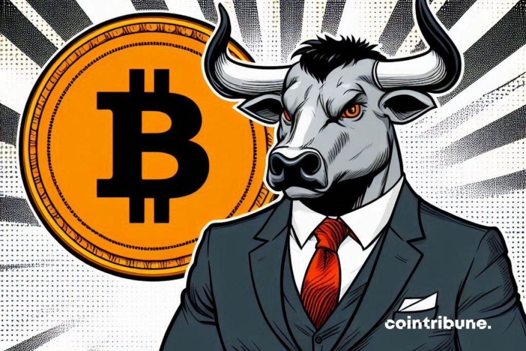 Bull en costume cravate, logo de bitcoin