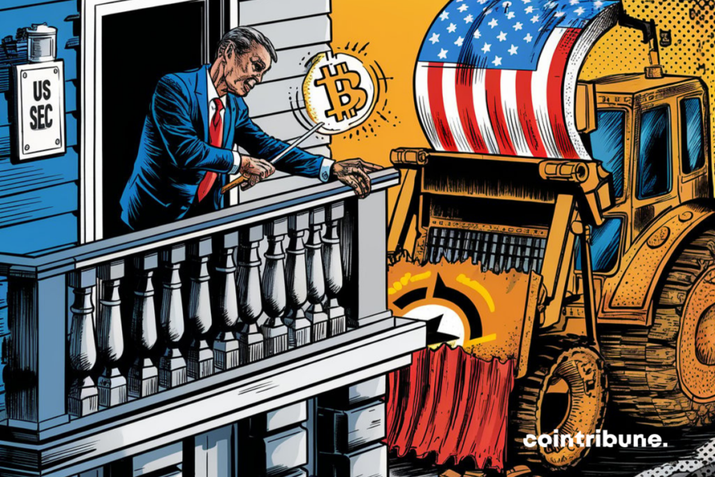 Bureau SEC, bulldozer, logo de bitcoin et drapeau américain