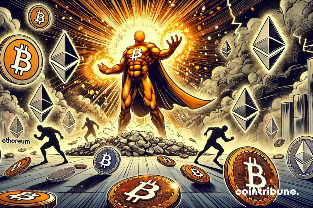 Un super man avec le logo du bitcoin