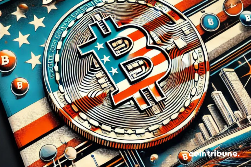Bitcoin logo inlaid with the US flag.