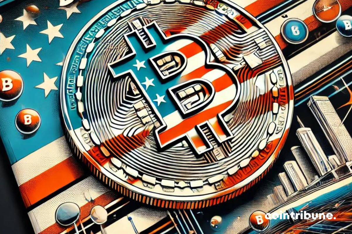 Logo de bitcoin incrusté du drapeaux des Etats-Unis.