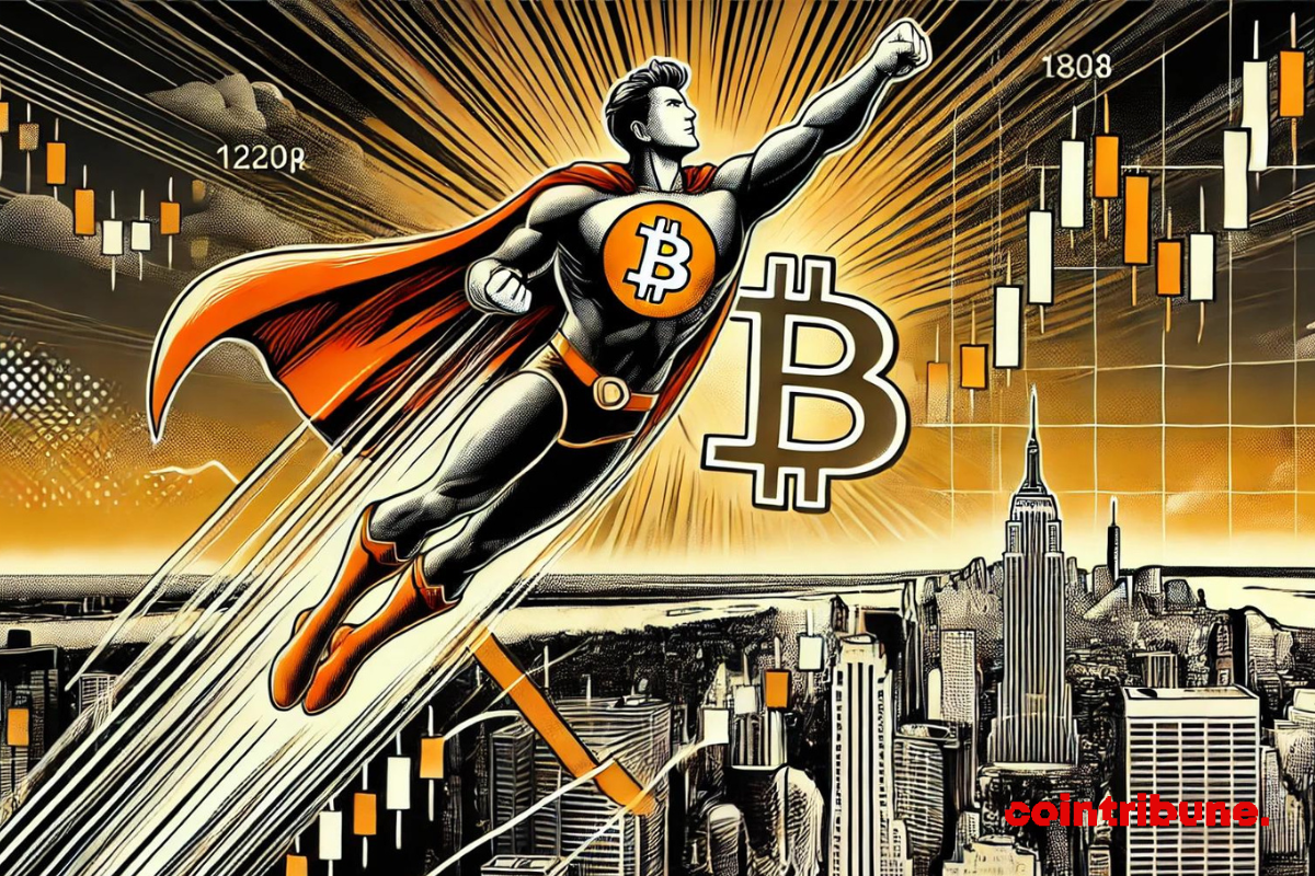 Le bitcoin représenté par un super héro qui s'envole