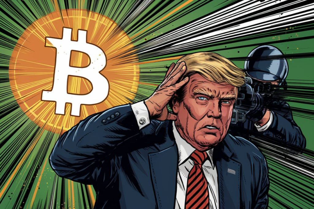 Donald Trump, tireur et logo bitcoin