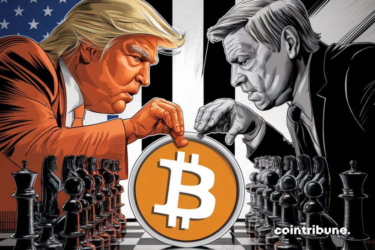 Donald Trump et Larry FInk, jeu d'echecs, logo de bitcoin