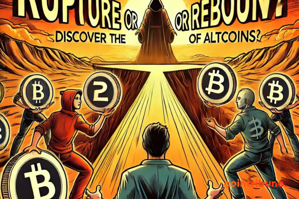 "Explorez les enjeux explosifs des altcoins avec cette illustration en style comics book, capturant la tension entre rupture et rebond dans l'univers de la crypto.