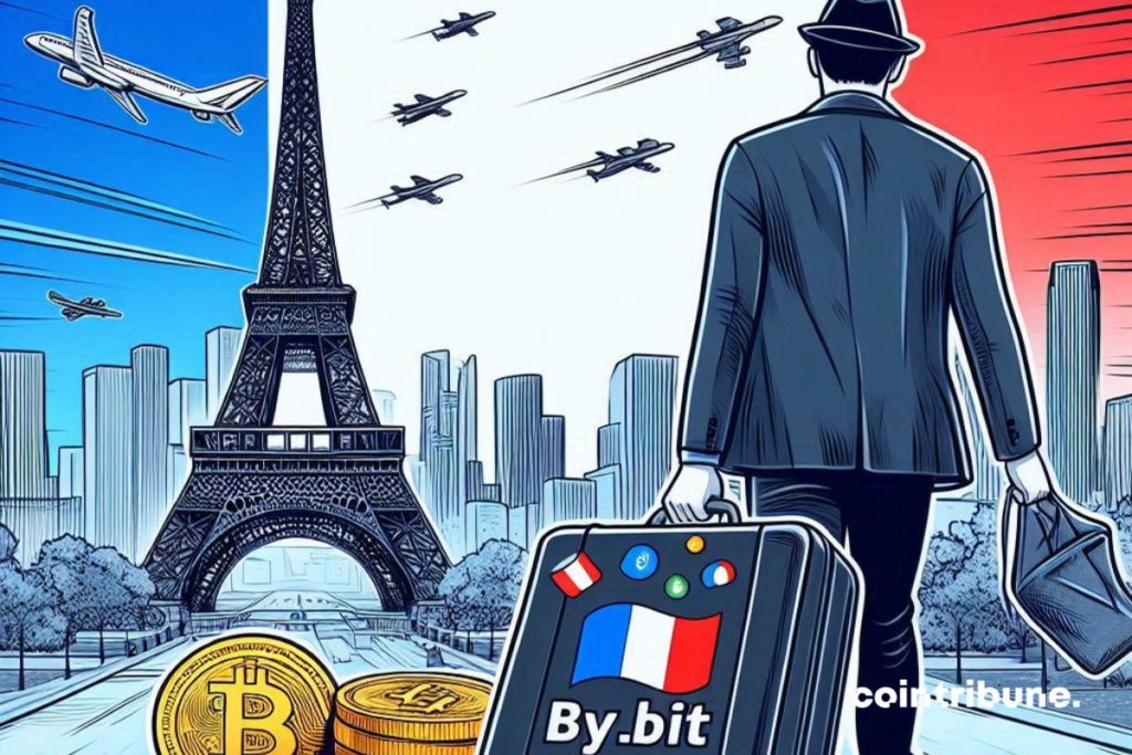 Individu ramenant une valises, pièces de bitcoin, tour Eiffet et drapeau de la France