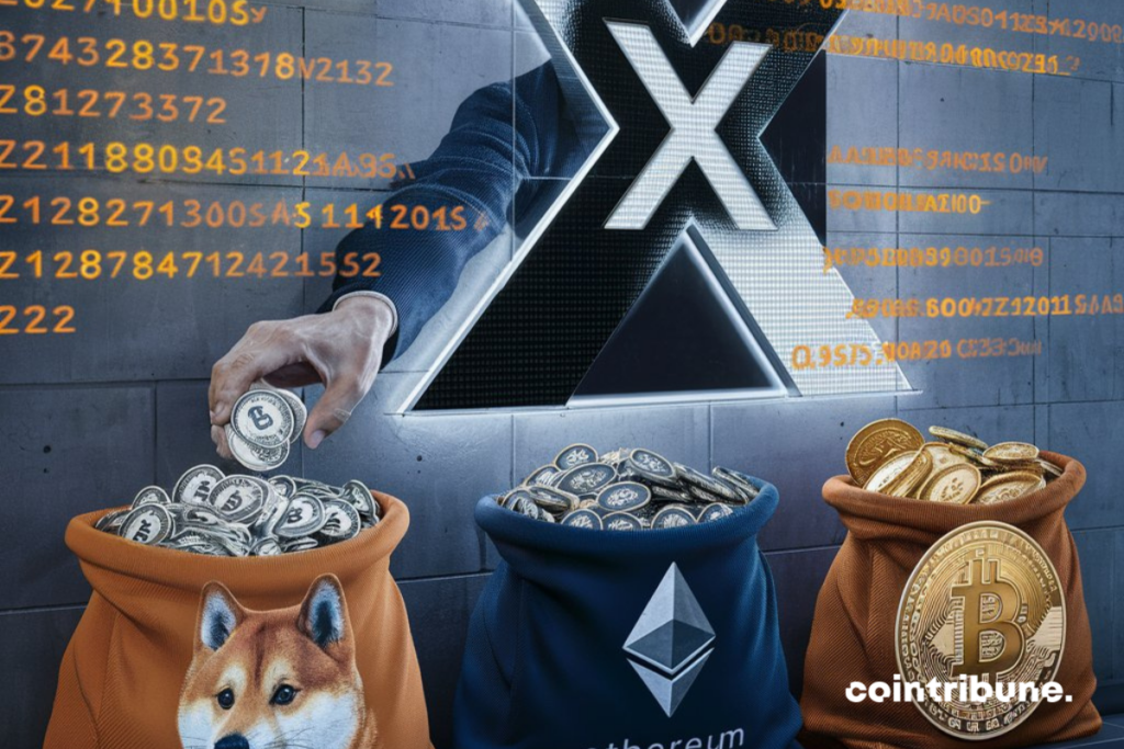 Logo de X, codes informatiques, sacs avec pièces et logo de Dogecoin, Ethereum et Bitcoin