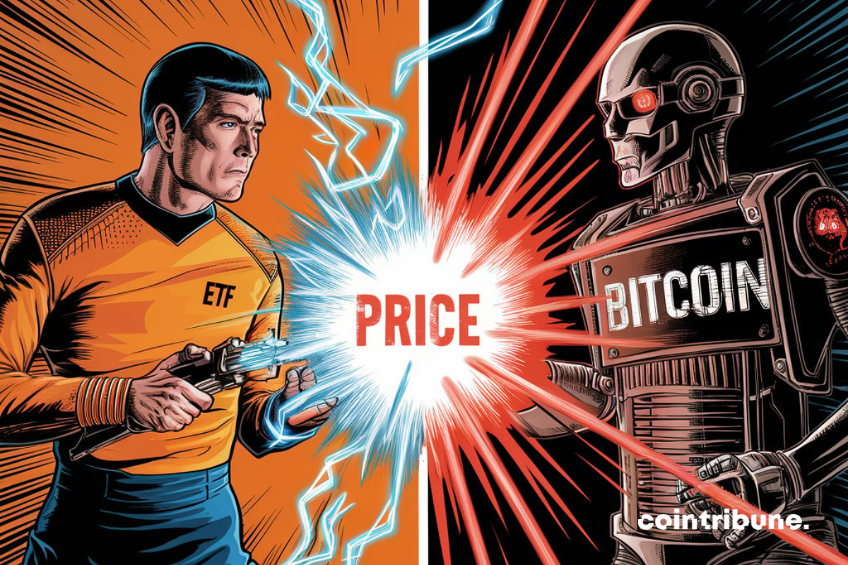 Personnages de science-fiction, mention "Bitcoin" et "ETF"