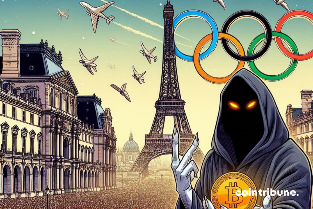 Sites emblématiques de paris, logo des Jeux Olympiques et pirate bitcoin