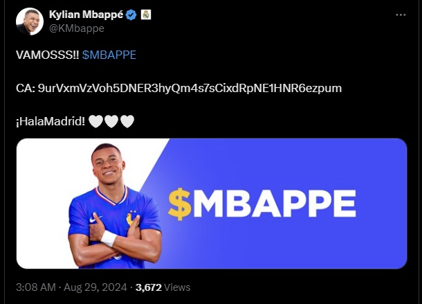 pour promouvoir le $MBAPPE, les pirates crypto ont publié des messages sur son compte X pour inciter ses millions de followers à investir