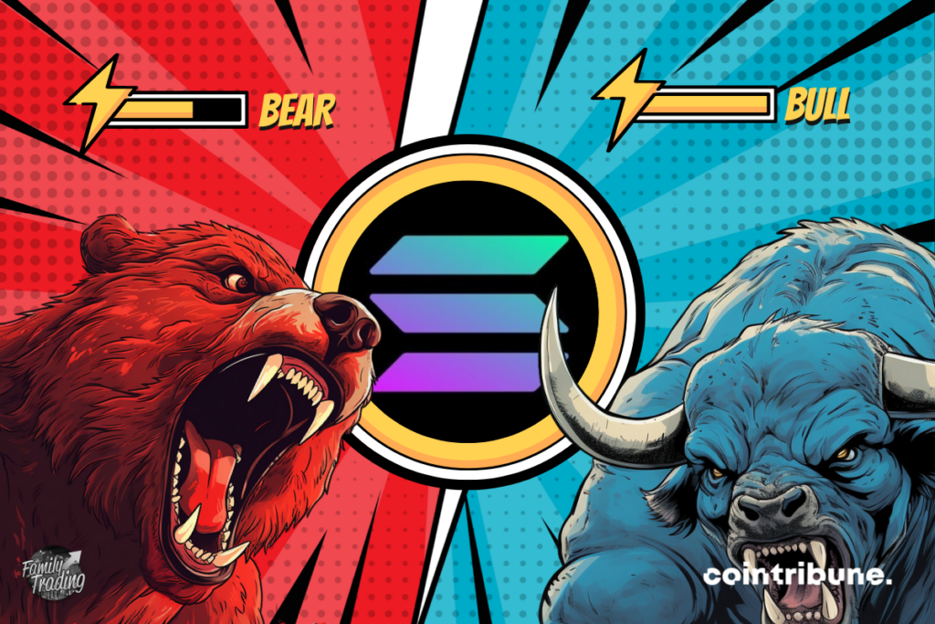 Red and blue background logo with on both sides a red bear and an angry blue bull. At the top of each one, you can see the power bar of each one.