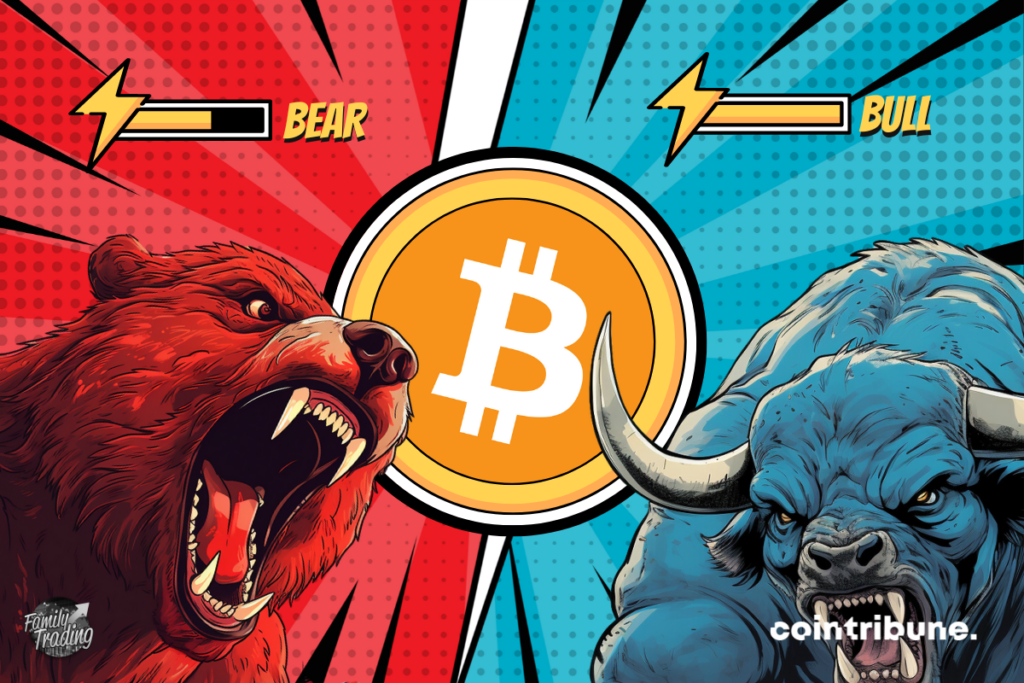 Logotipo de BTC sobre un fondo rojo y azul, con un oso rojo enojado y un toro azul a cada lado. En la parte superior de cada uno, puedes ver la barra de energía.