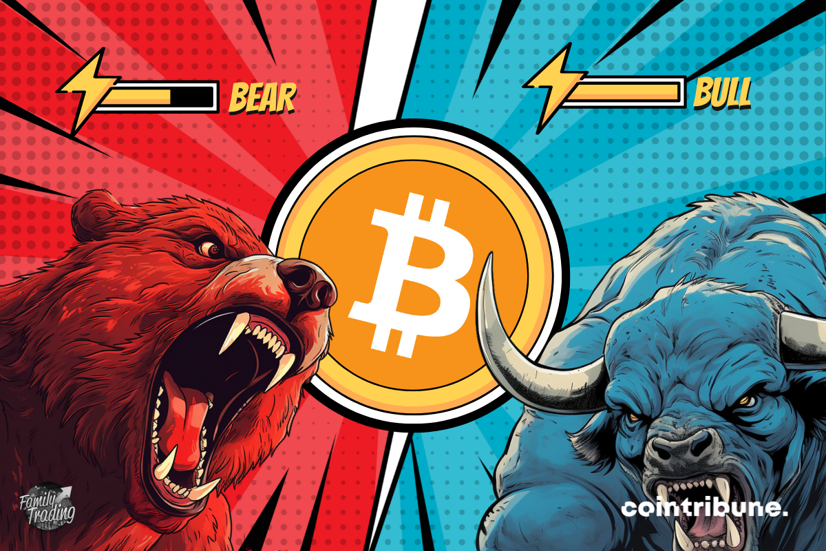 btc logo on a red and blue background, with an angry red bear and blue bull on either side. At the top of each, you can see the power bar.