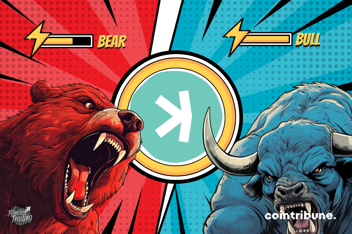 KAS logo on a red and blue background, with an angry red bear and blue bull on either side. At the top of each, you can see the power bar.