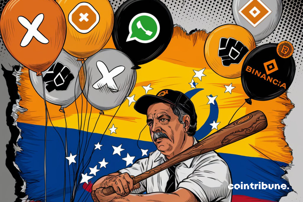 Caricature de Nicolas Maduro en train de frapper des ballons aux logos de X, WhatsApp, Binance, etc.