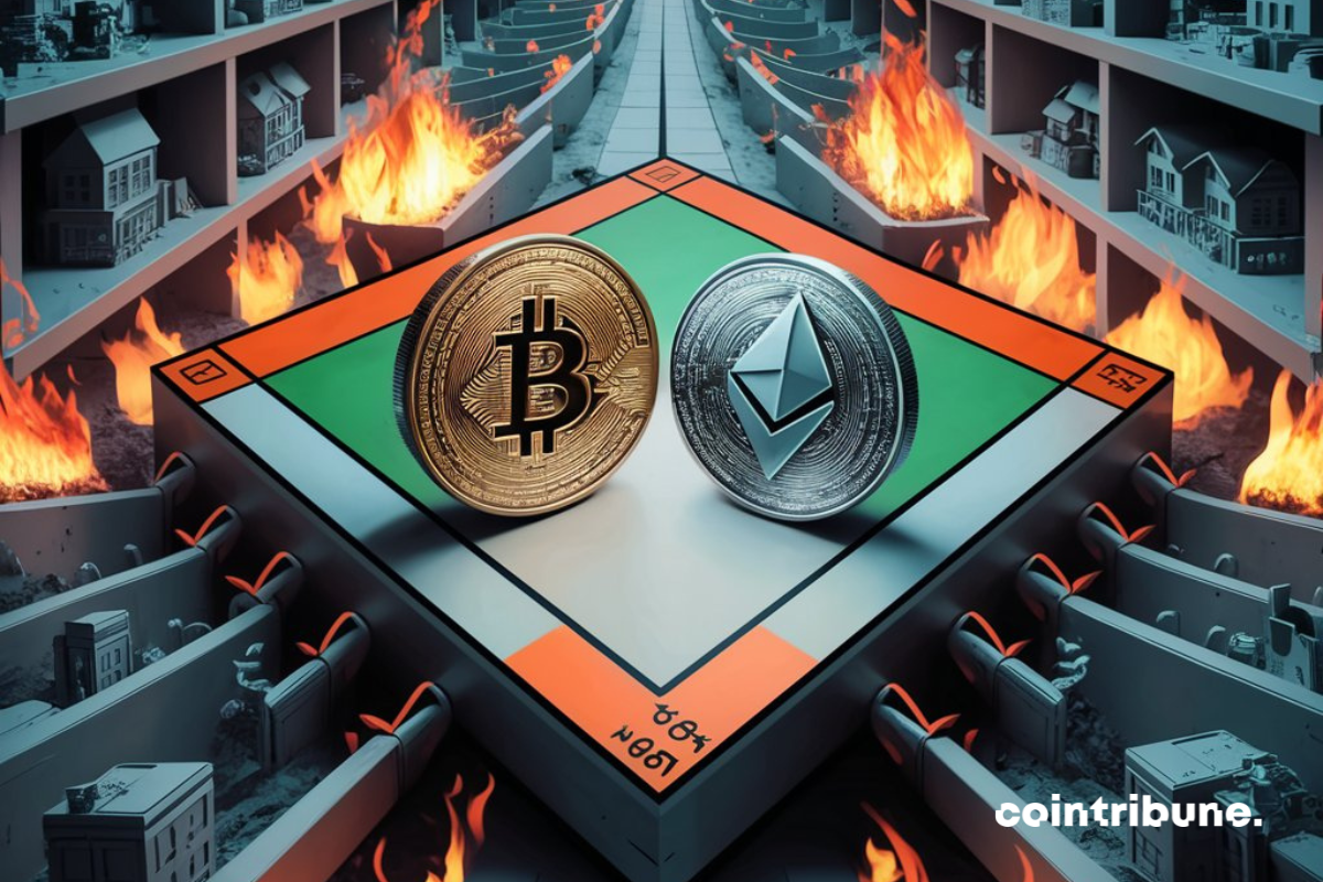 Pièces d'ethereum et de bitcoin entourées de feu