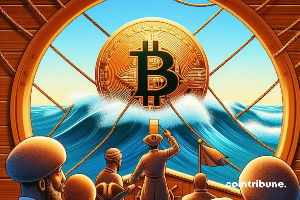 Handful of rich people, a ship's cabin and a bitcoin coin in the sea