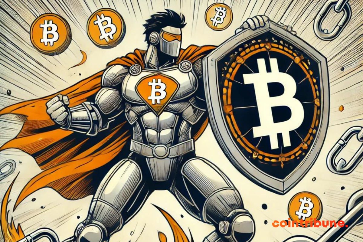 A superhero holding a crypto shield