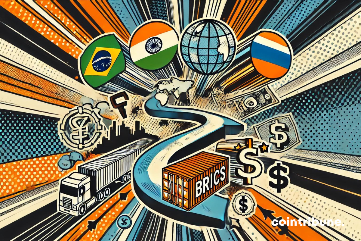 image montrant des systèmes de voirie, des équipements de manutention, le symbole du dollar américain et le drapeaux des pays membres des BRICS.