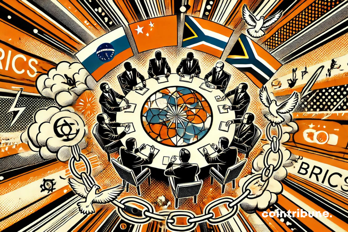 illustration en style bande dessinée représentant la coopération politique des pays BRICS. L'image montre des éléments visuels tels qu'une table ronde avec des silhouettes de dirigeants en discussion, des chaînes entrelacées symbolisant l'unité, et des colombes pour la paix, le tout avec des effets dynamiques pour évoquer la diplomatie active et le partenariat