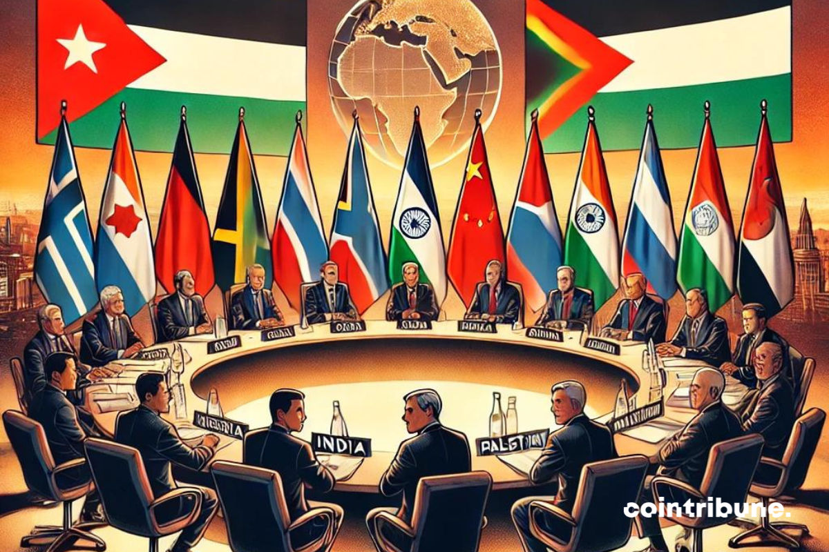 Un sommet international de haut niveau avec des dirigeants mondiaux assis autour d'une grande table ronde. Sur la table, des drapeaux des pays membres des BRICS !